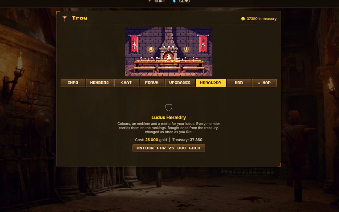 The ludus screen: members, treasury, buildings, war and the map.