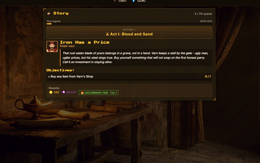A quest screen. The words stay in the game.