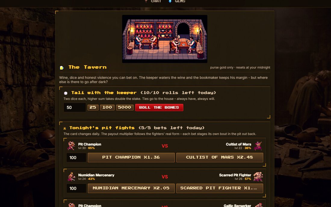 The tavern: dice and bets on the evening fights.