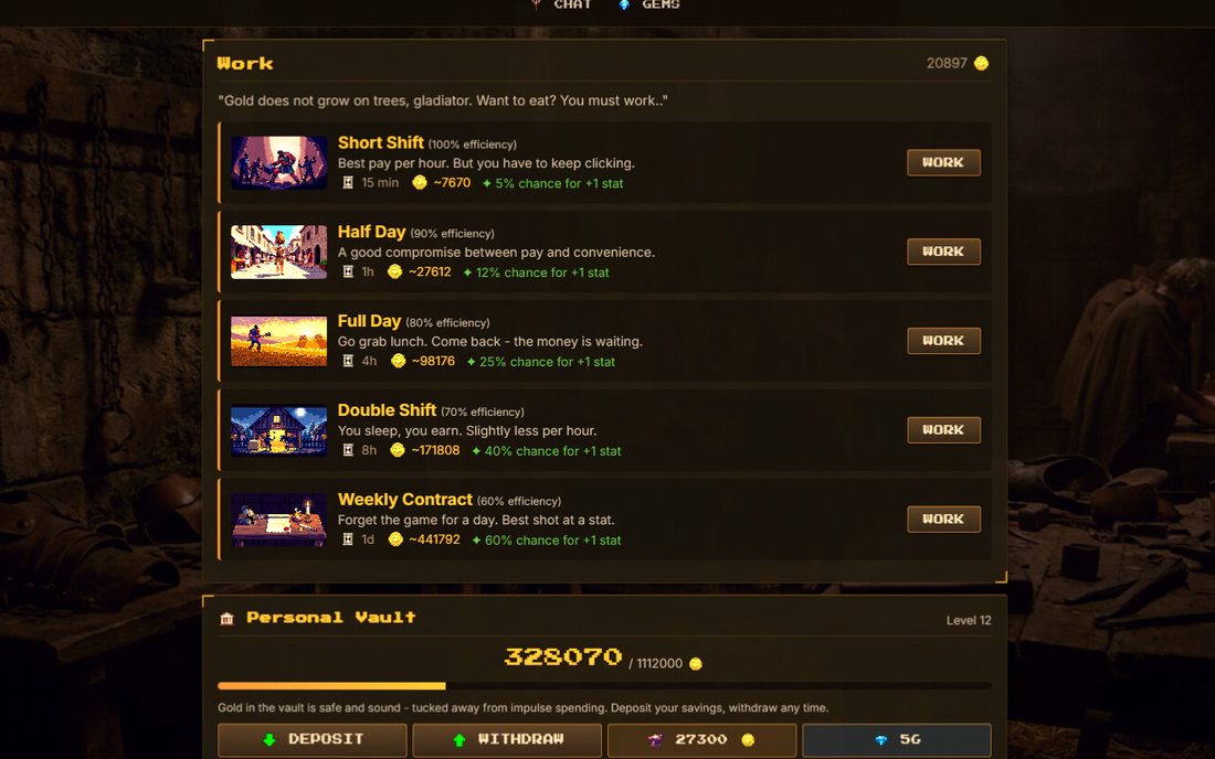 The work screen: five shifts and the personal vault.